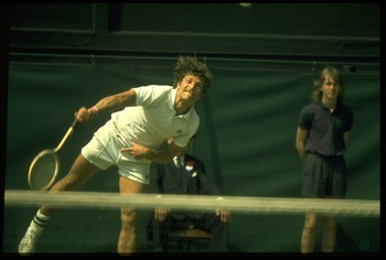 JUL 1973:  JAN KODES OF CZECHOSLOVAKIA MAKES A SERVE DURING A MATCH AT THE 1973 WIMBLEDON TENNIS CHAMPIONSHIPS. KODES WON THE CHAMPIONSHIP AFTER DEFEATING METREVELI IN STRAIGHT SETS.