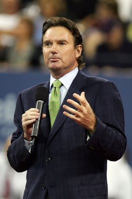 NEW YORK - AUGUST 28:  Tennis legend Jimmy Connors speaks during the opening ceremony on the first day of the US Open at the USTA Billie Jean King National Tennis Center in Flushing Meadows Corona Park on August 28, 2006 in the Flushing neighborhood of th