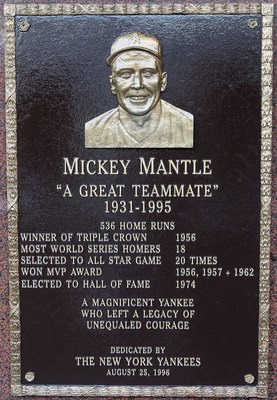 NEW YORK - MAY 02:  The plaque of Mickey Mantle is seen in Monument Park at Yankee Stadium prior to the game between the New York Yankees and the Chicago White Sox on May 2, 2010 in the Bronx borough of New York City. The Yankees defeated the White Sox 12