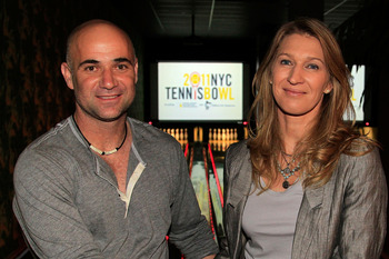 NEW YORK, NY - FEBRUARY 26:  Tennis legends Andre Agassi (L) and Steffi Graf attend the 2011 NYC Tennisbowl at Bowlmor Lanes in New York City on February 26, 2011 in New York City.  (Photo by Chris Trotman/Getty Images)