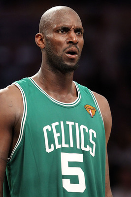 LOS ANGELES, CA - JUNE 15:  Kevin Garnett #5 of the Boston Celtics reacts in the second quarter while taking on the Los Angeles Lakers in Game Six of the 2010 NBA Finals at Staples Center on June 15, 2010 in Los Angeles, California.  NOTE TO USER: User ex