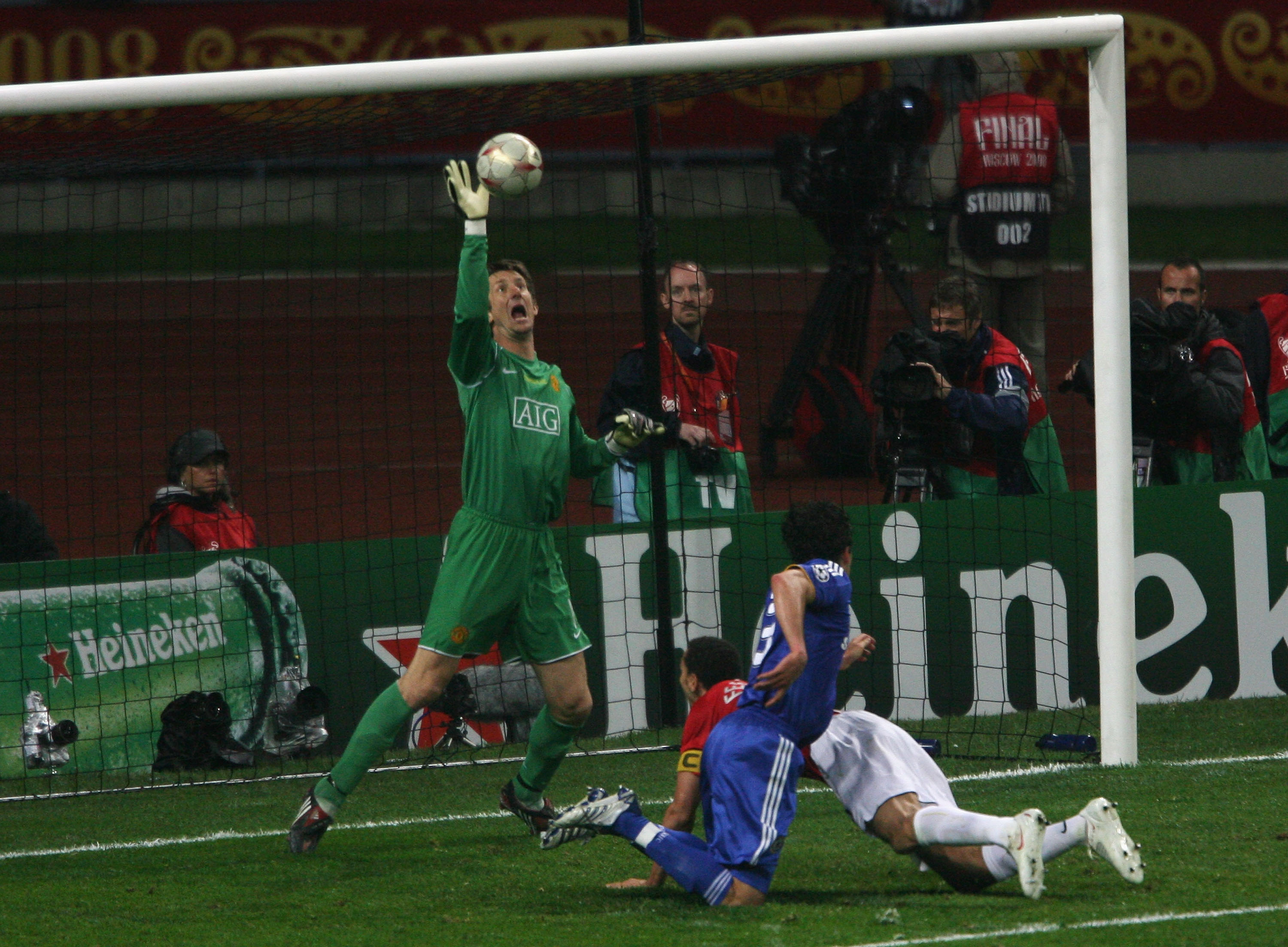 MOSCOW - MAY 21:  Edwin Van der Sar of Manchester United saves the attempt on goal by Michael Ballack of Chelsea during the UEFA Champions League Final match between Manchester United and Chelsea at the Luzhniki Stadium on May 21, 2008 in Moscow, Russia.