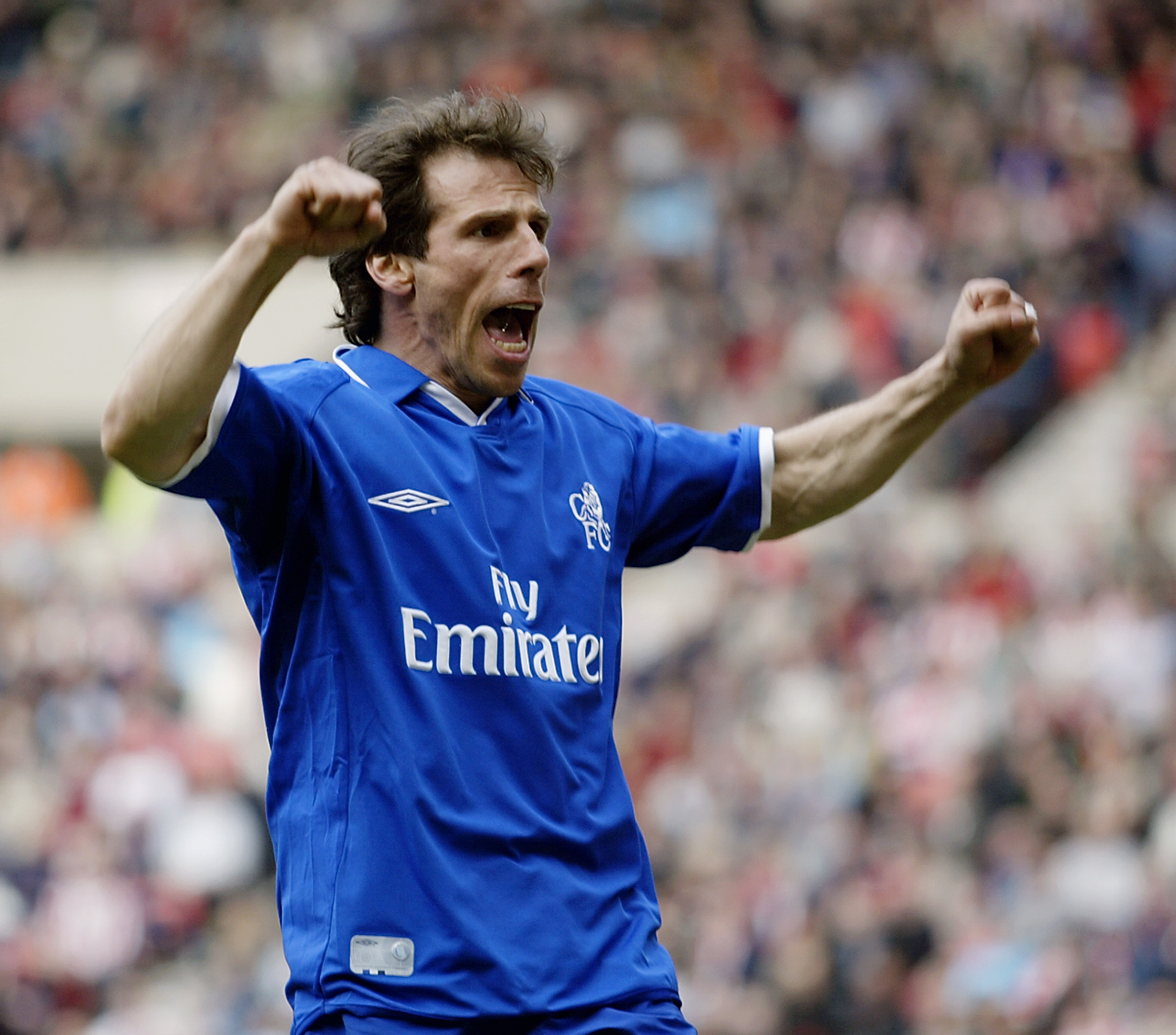 SUNDERLAND -  APRIL 5:  Gianfranco Zola of Chelsea celebrates scoring the equalising goal during the FA Barclaycard Premiership match between Sunderland and Chelsea held on April 5, 2003 at the Stadium of Light, in Sunderland, England. Chelsea won the mat