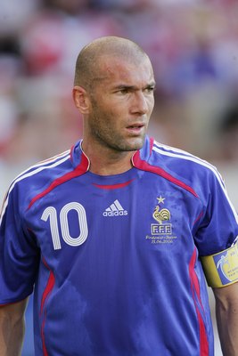 STUTTGART, GERMANY - JUNE 13:  Zinedine Zidane of France looks on during the FIFA World Cup Germany 2006 Group G match between France and Switzerland at the Gottlieb-Daimler Stadium on June 13, 2006 in Stuttgart, Germany.    (Photo by Mike Hewitt/Getty Im