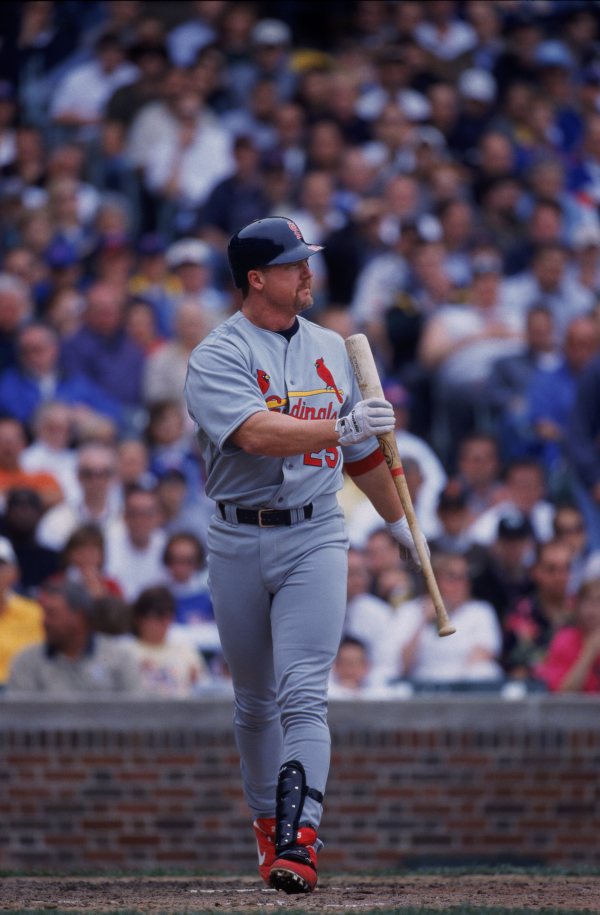 7 Jun 2001:  Mark McGwire #25 of the St. Louis Cardinals struck out at bat during the game against the Chicago Cubs at Wrigley Field in Chicago, Illinois.  The Cubs defeated the Cardinals 4-3.Mandatory Credit: Jonathan Daniel  /Allsport