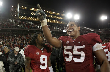PALO ALTO, CA - NOVEMBER 27:  Jonathan Martin #55 and Richard Sherman #9 of the Stanford Cardinal celebrate after they beat the Oregon State Beavers at Stanford Stadium on November 27, 2010 in Palo Alto, California.  (Photo by Ezra Shaw/Getty Images)