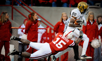 LINCOLN, NE - NOVEMBER 26: Paul Richardson #80 of the Colorado Buffaloes beats Alfonzo Dennard #15 of the Nebraska Cornhuskers for a touchdown during the second half of their game at Memorial Stadium on November 26, 2010 in Lincoln, Nebraska. Nebraska def