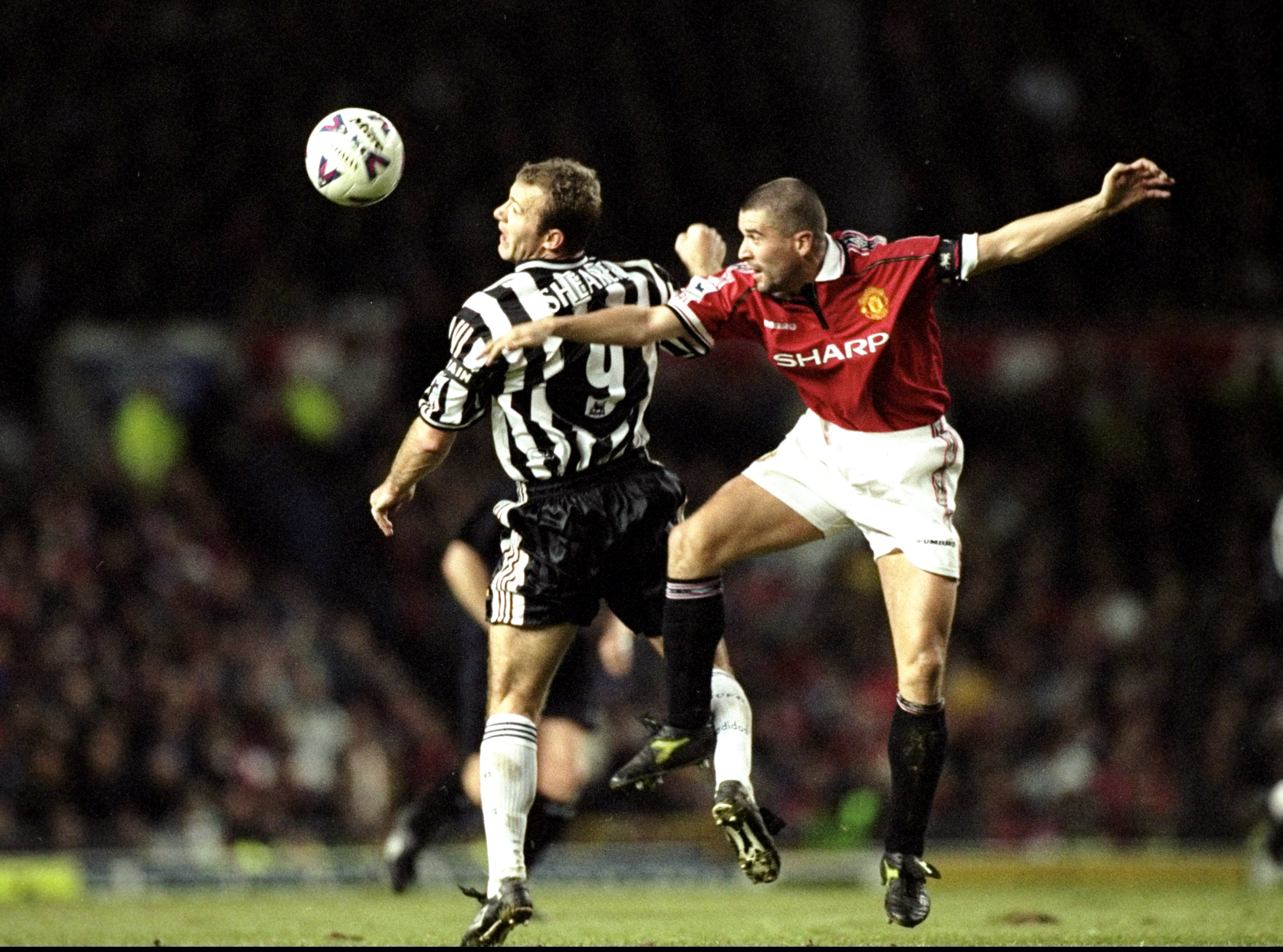 8 Nov 1998:  Roy Keane of Manchester United in action against Alan Shearer of Newcastle United during the FA Carling Premiership match against Newcastle United played at Old Trafford in Manchester, England.  The match finished in a 0-0 draw. \ Mandatory C