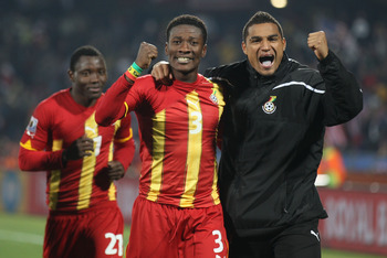 RUSTENBURG, SOUTH AFRICA - JUNE 26:  Goalscorers Asamoah Gyan (C) and Kevin Prince Boateng (R) of Ghana celebrate victory during the 2010 FIFA World Cup South Africa Round of Sixteen match between USA and Ghana at Royal Bafokeng Stadium on June 26, 2010 i