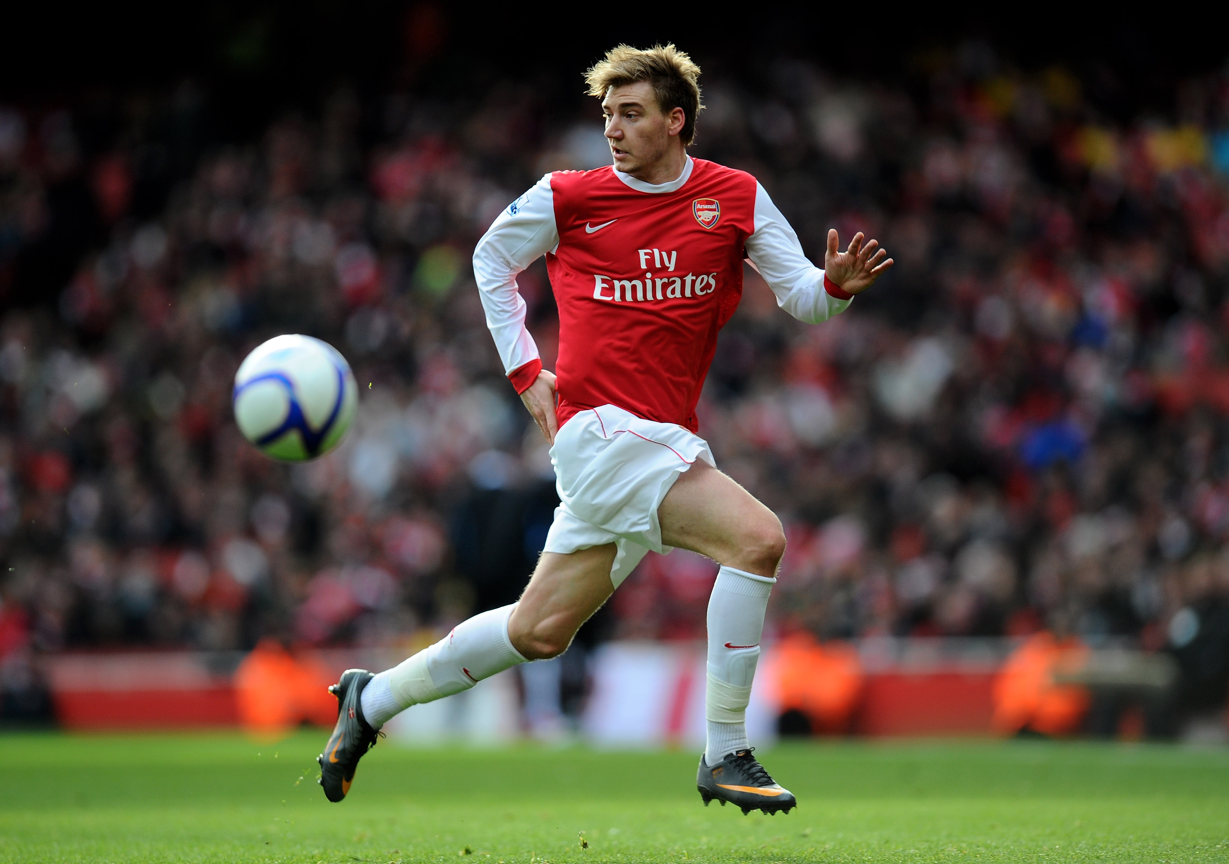 LONDON, ENGLAND - JANUARY 30:  Nicklas Bendtner of Arsenal runs with the ball during the FA Cup sponsored by E.ON fourth round match between Arsenal and Huddersfield Town at The Emirates Stadium on January 30, 2011 in London, England.  (Photo by Clive Mas