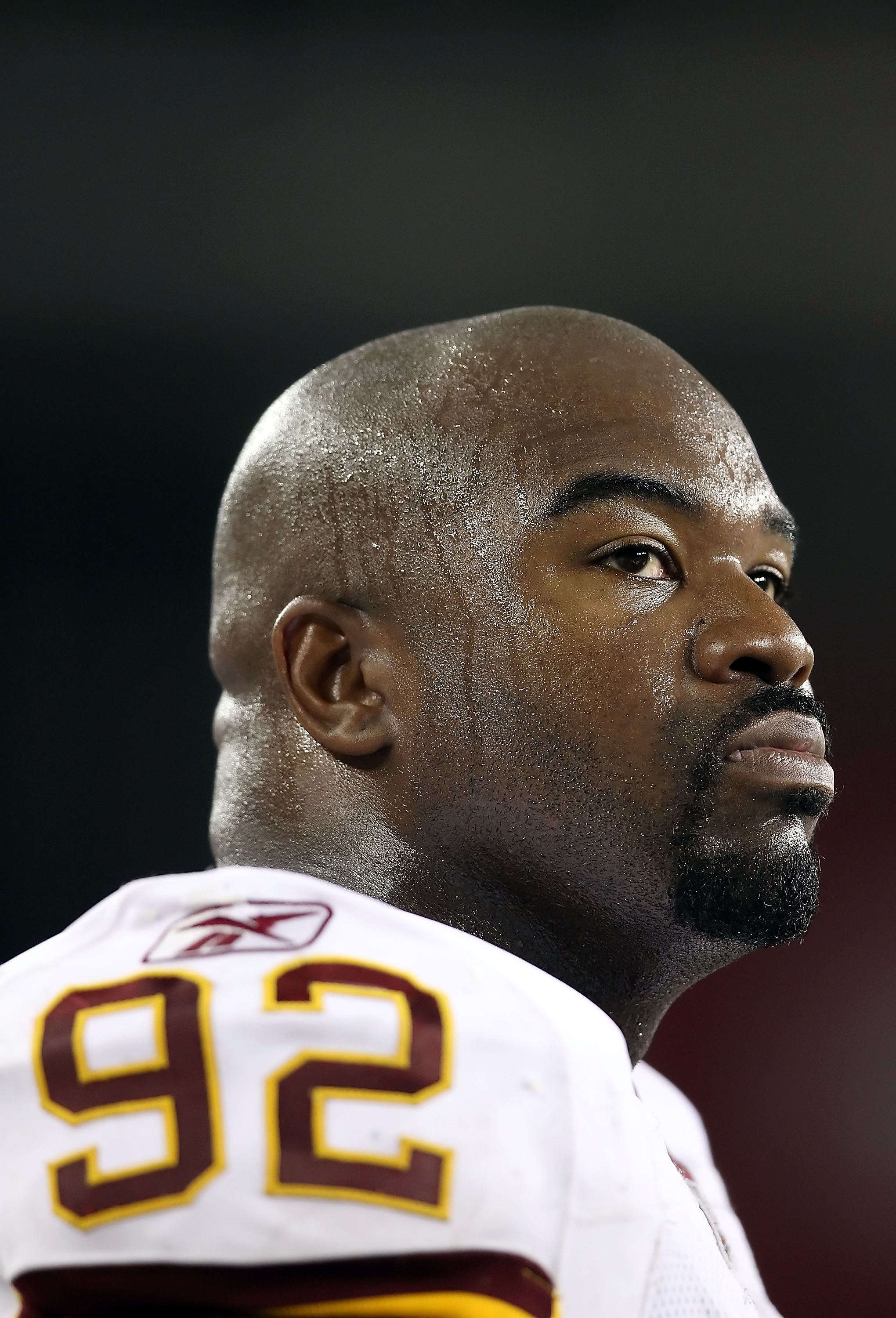 GLENDALE, AZ - SEPTEMBER 02:  Defensive tackle Albert Haynesworth #92 of the Washington Redskins stands on the sidelines during preseason NFL game against the Arizona Cardinals at the University of Phoenix Stadium on September 2, 2010 in Glendale, Arizona