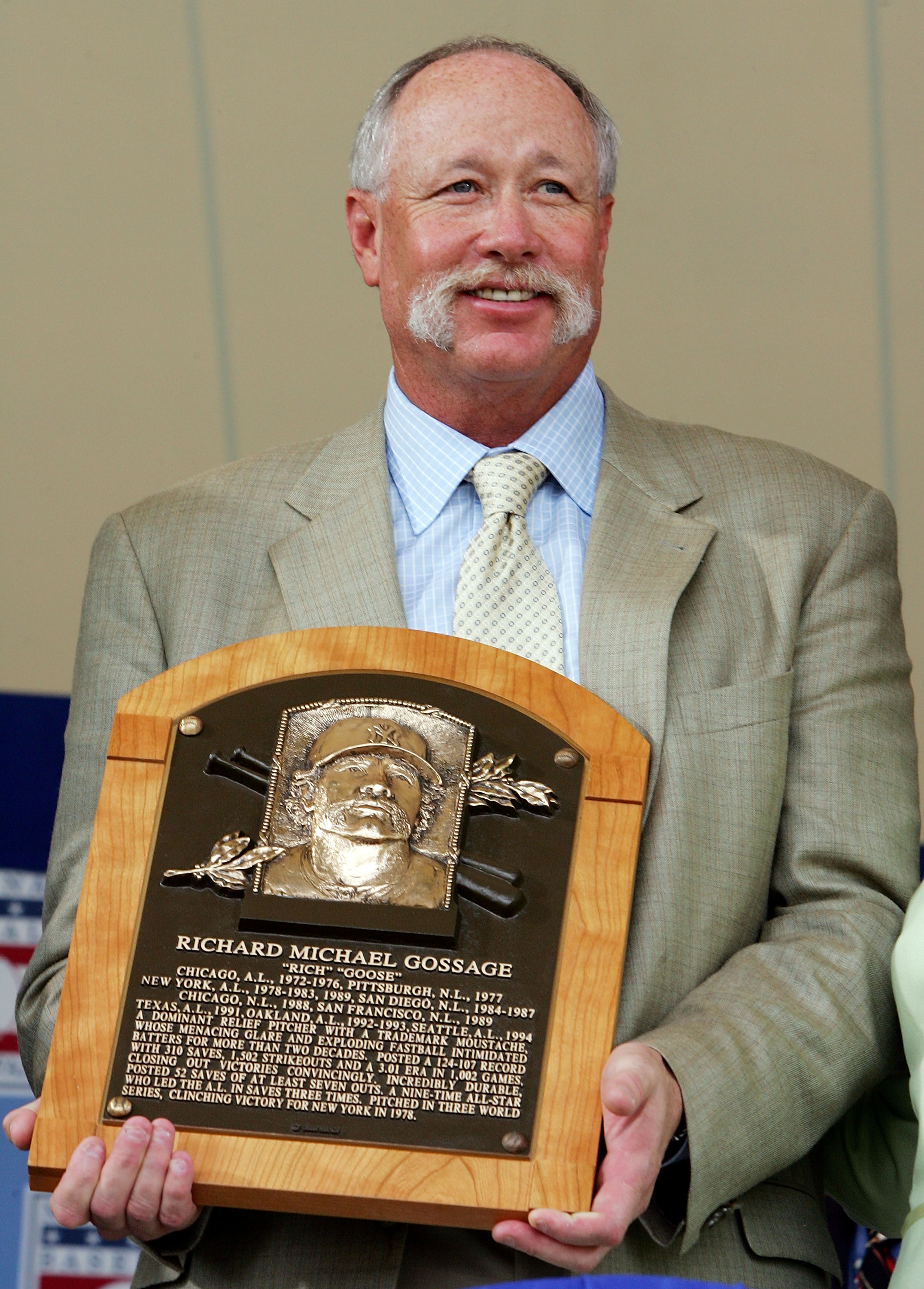 COOPERSTOWN, NY - JULY 27:  Hall of Fame inductee Rich 'Goose' Gossage holds his plaque at Clark Sports Center during the Baseball Hall of Fame induction ceremony on July 27, 2008 in Cooperstown, New York.  (Photo by Jim McIsaac/Getty Images)