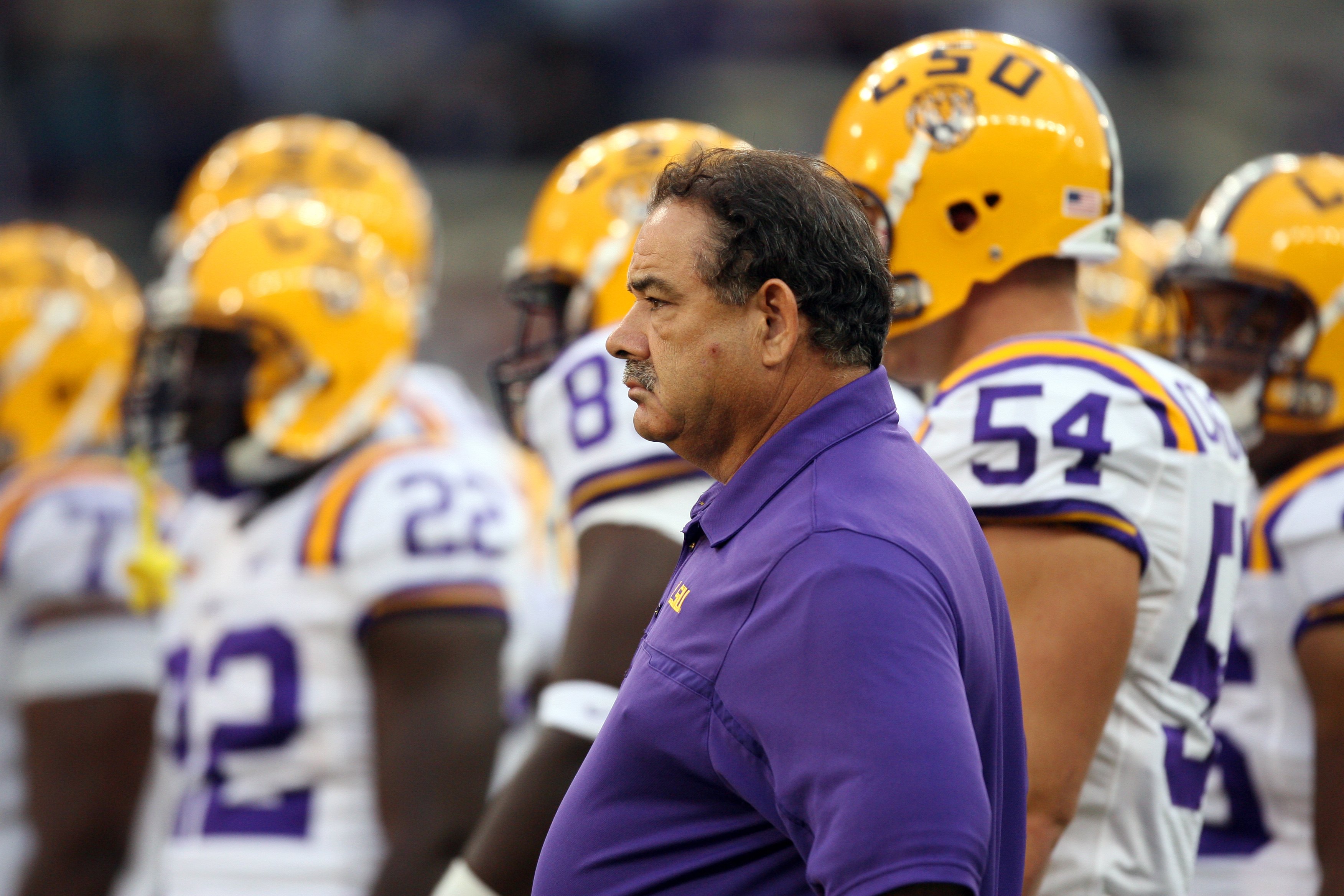 SEATTLE - SEPTEMBER 5:  Defensive coordinator John Chavis of the LSU Tigers looks on during pre-game warm-up against the Washington Huskies on September 5, 2009 at Husky Stadium in Seattle, Washington. The LSU Tigers defeated the Washington Huskies 31-23.