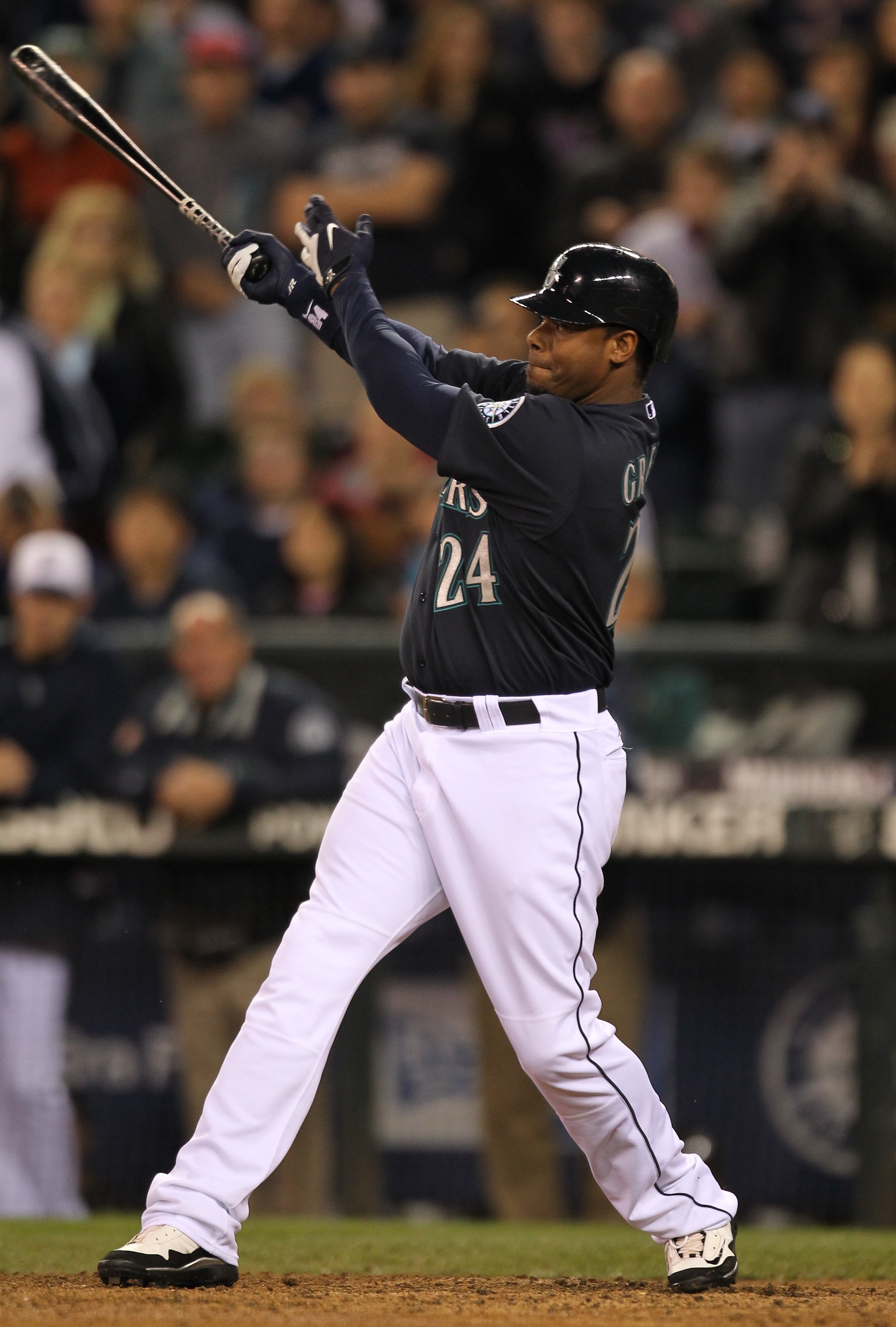 SEATTLE - MAY 31:  Ken Griffey Jr. #24 of the Seattle Mariners bats against the Minnesota Twins at Safeco Field on May 31, 2010 in Seattle, Washington. (Photo by Otto Greule Jr/Getty Images)