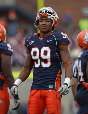 CHAMPAIGN, IL - OCTOBER 02: Michael Buchanan #99 of the Illinois Fighting Illini waits during a replay time-out against the Ohio State Buckeyes at Memorial Stadium on October 2, 2010 in Champaign, Illinois. Ohio State defeated Illinois 24-13. (Photo by Jo