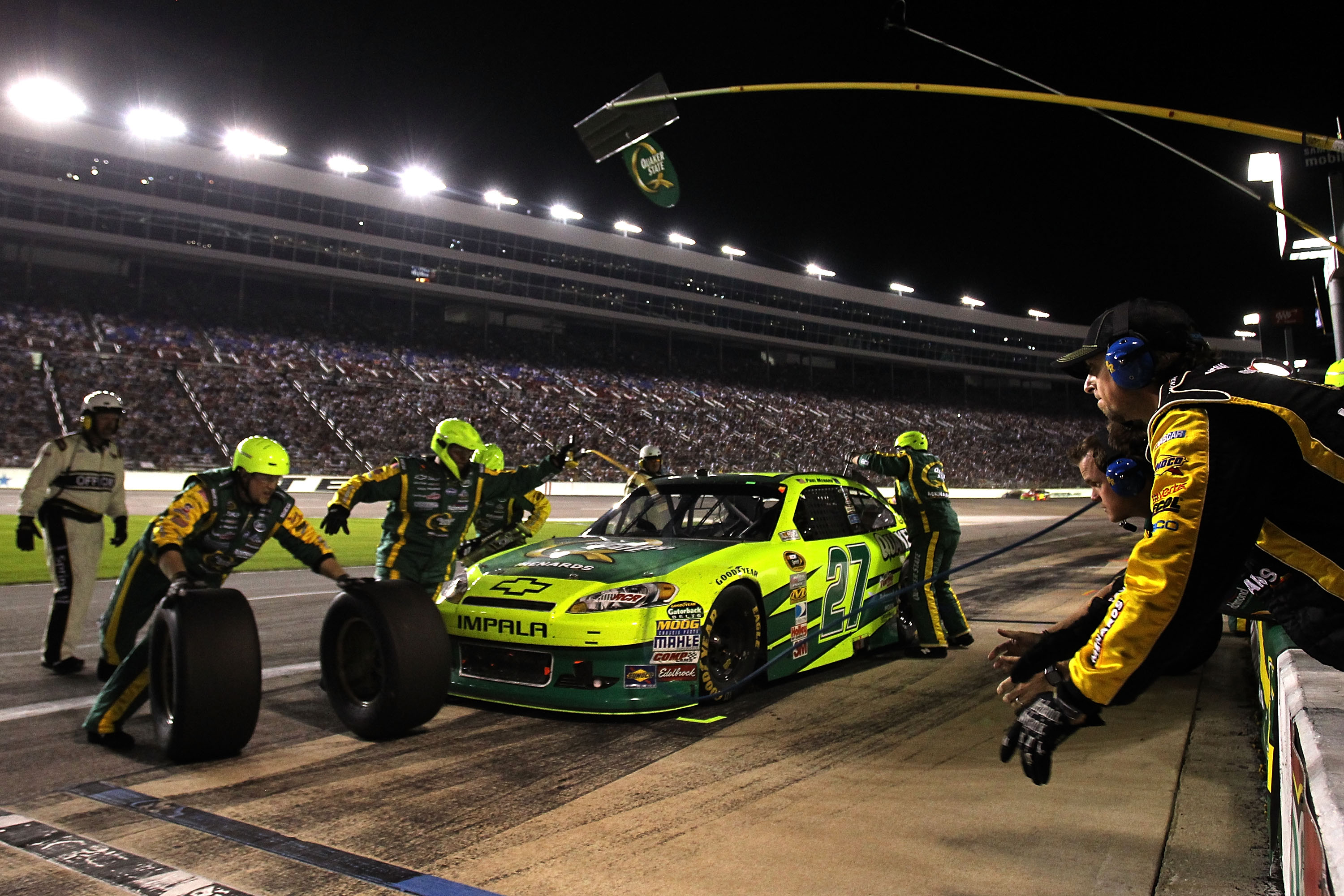 FORT WORTH, TX - APRIL 09:  Paul Menard pits the #27 Quaker State/Menards Chevrolet during the NASCAR Sprint Cup Series Samsung Mobile 500 at Texas Motor Speedway on April 9, 2011 in Fort Worth, Texas.  (Photo by Jason Smith/Getty Images for NASCAR)