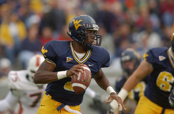 MORGANTOWN, WV - OCTOBER 26: WVU quarterback Rasheed Marshall #2 looks for a reciever during the NCAA football game against the Miami Hurricanes at Mountaineer Field in Morgantown, West Virginia on October 26, 2002. The University of Miami (Florida) Hur