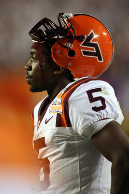 MIAMI, FL - JANUARY 03: Tyrod Taylor #5 of the Virginia Tech Hokies looks on against the Stanford Cardinal during the 2011 Discover Orange Bowl at Sun Life Stadium on January 3, 2011 in Miami, Florida. Stanford won 40-12. (Photo by Marc Serota/Getty Ima
