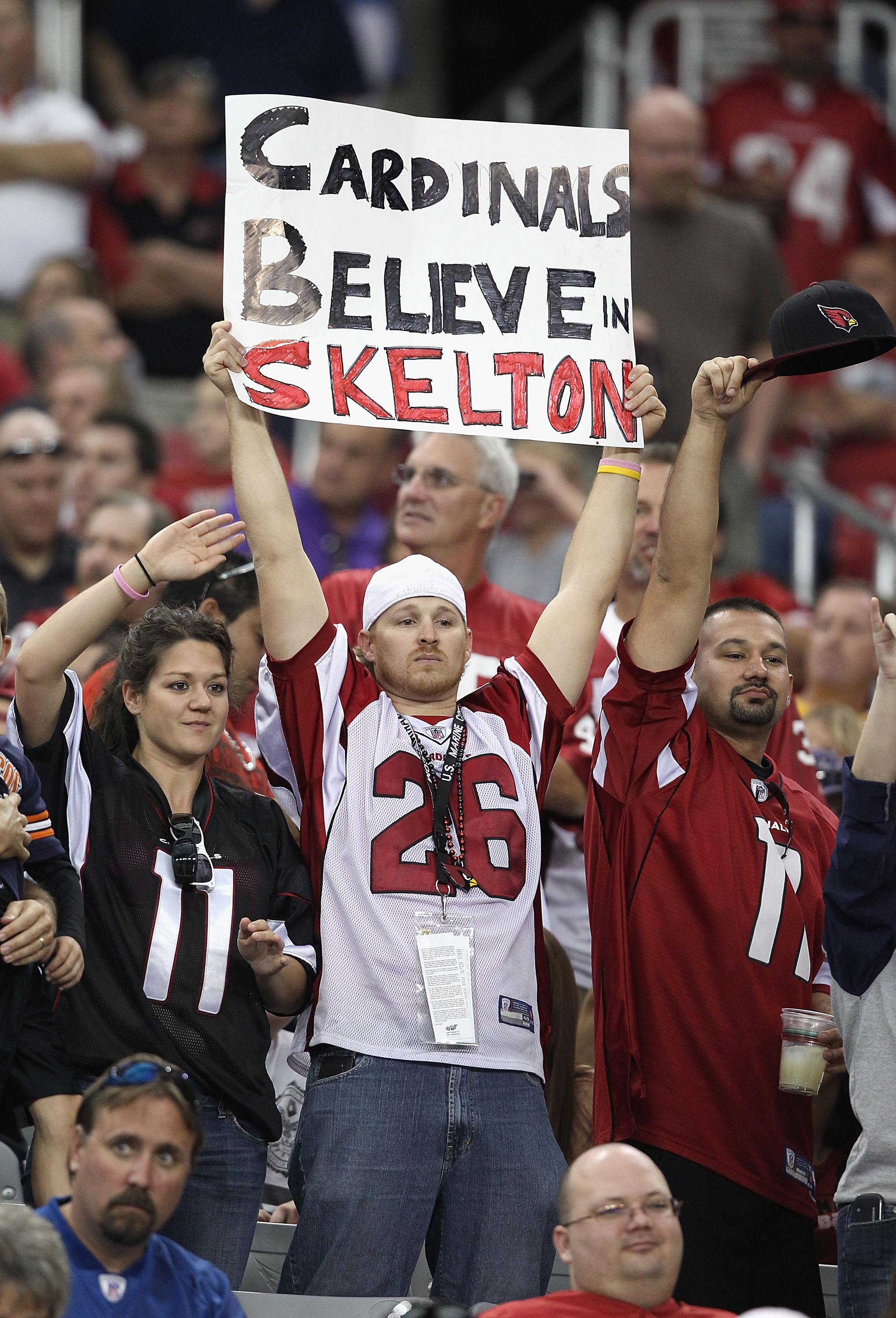 GLENDALE, AZ - DECEMBER 12:  A fan of the Arizona Cardinals holds up a sign for quarterback John Skelton #19 during the NFL game against the Denver Broncos at the University of Phoenix Stadium on December 12, 2010 in Glendale, Arizona.  The Cardinals defe