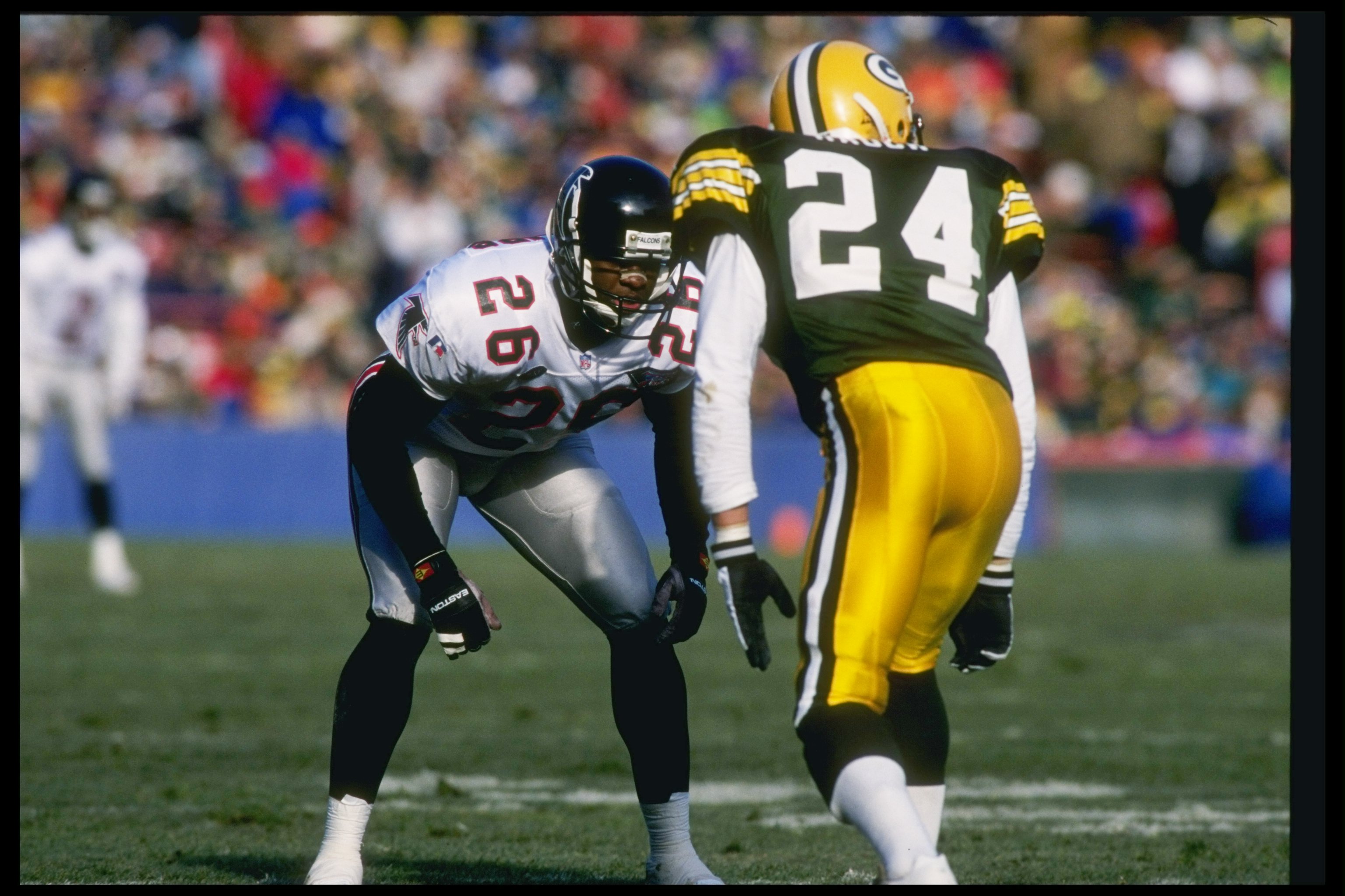 18 Dec 1994:  Defensive back Anthony Phillips of the Atlanta Falcons lines up against a Green Bay Packers player during a game at Lambeau Field in Green Bay, Wisconsin.  The Packers won the game, 21-17. Mandatory Credit: Otto Greule Jr.  /Allsport