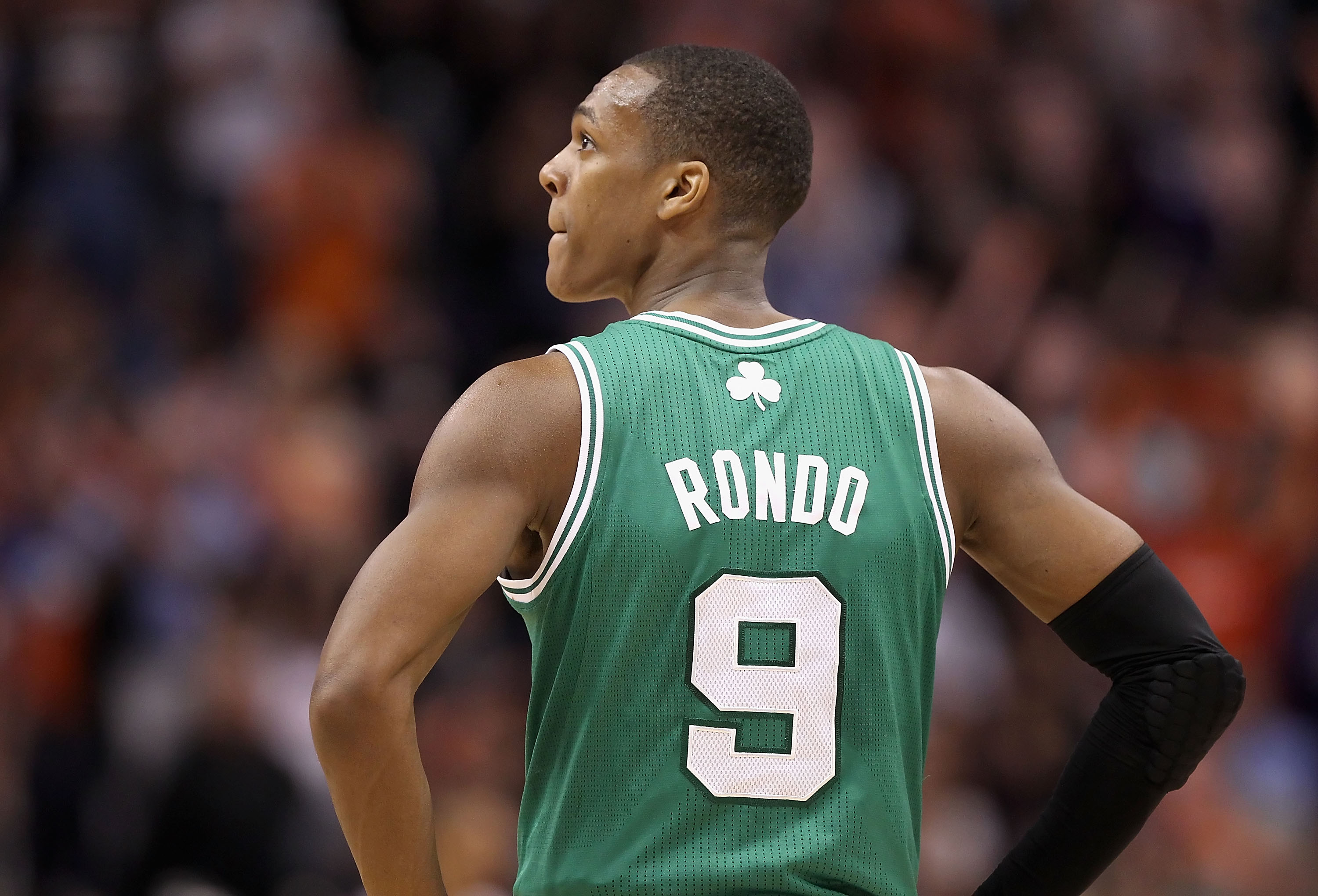 PHOENIX, AZ - JANUARY 28:  Rajon Rondo #9 of the Boston Celtics during the NBA game against the Phoenix Suns at US Airways Center on January 28, 2011 in Phoenix, Arizona.  The Suns defeated the Celtics 88-71.  NOTE TO USER: User expressly acknowledges and
