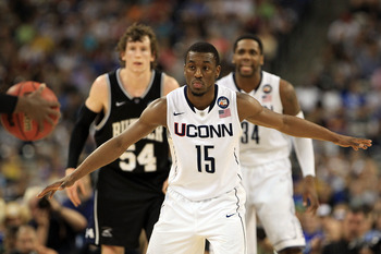 HOUSTON, TX - APRIL 04:  Kemba Walker #15 of the Connecticut Huskies looks on against the Butler Bulldogs during the National Championship Game of the 2011 NCAA Division I Men's Basketball Tournament at Reliant Stadium on April 4, 2011 in Houston, Texas.