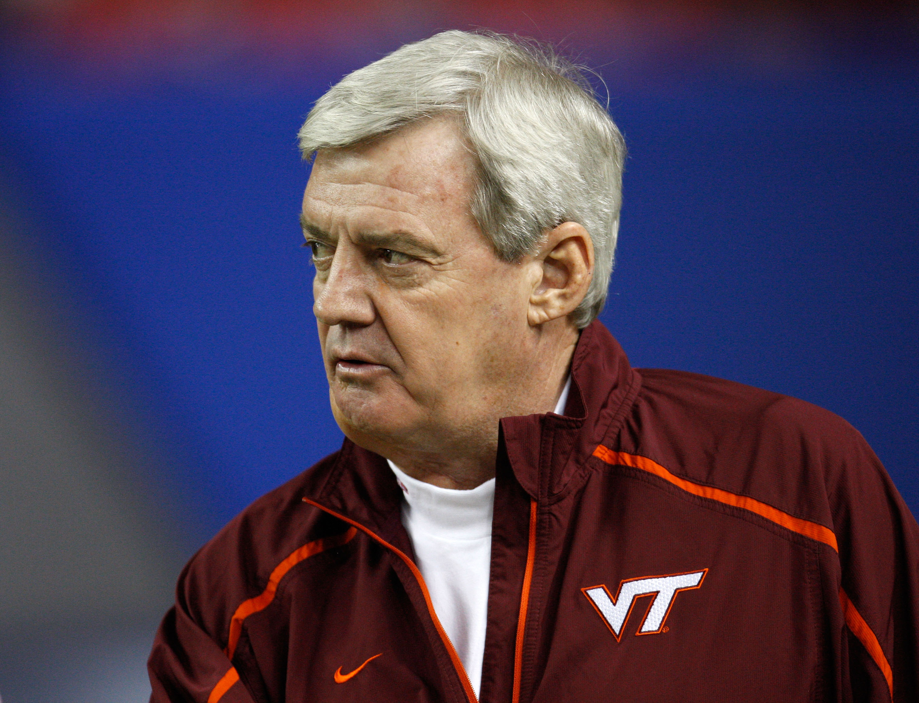 ATLANTA - DECEMBER 31:  Head coach Frank Beamer of the Virginia Tech Hokies watches pre-game warmups before the Chick-Fil-A Bowl against the Tennessee Volunteers at the Georgia Dome on December 31, 2009 in Atlanta, Georgia.  The Hokies beat the Volunteers
