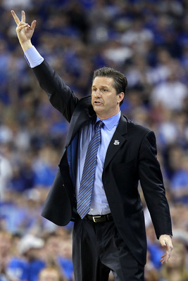 HOUSTON, TX - APRIL 02: Head coach John Calipari of the Kentucky Wildcats reacts from the sidelines against the Connecticut Huskies during the National Semifinal game of the 2011 NCAA Division I Men's Basketball Championship at Reliant Stadium on April 2