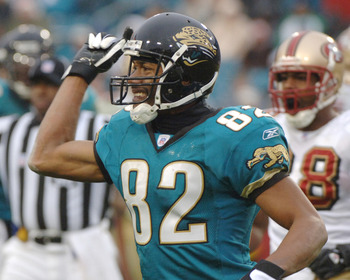 Jacksonville Jaguars wide receiver Jimmie Smith calls for a penalty against the San Francisco 49ers December 18, 2005 in Jacksonville. The Jaguars defeated the 49ers 10 - 9.  (Photo by Al Messerschmidt/Getty Images)