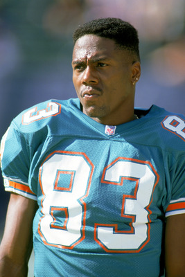 SAN DIEGO - DECEMBER 16:  Wide receiver Mark Clayton #83 of the Miami Dolphins looks on during a game against the San Diego Chargers at Jack Murphy Stadium on December 16, 1991 in San Diego California.  The Chargers won 38-30.  (Photo by Stephen Dunn/Gett