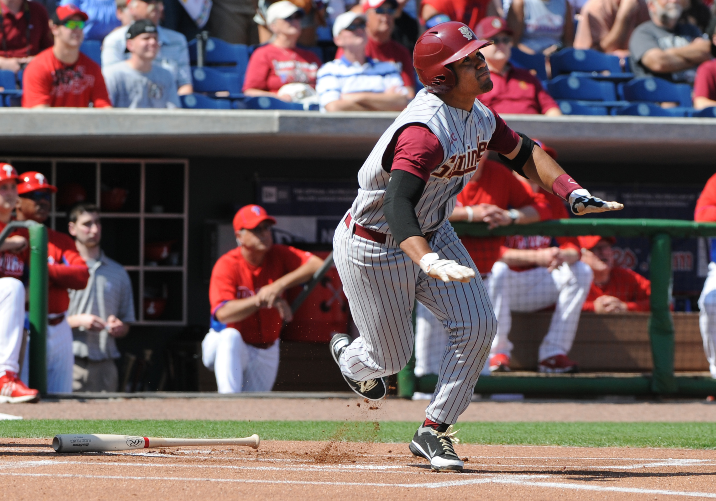 CLEARWATER, FL - FEBRUARY 24:  Infielder Devon Travis #8 of  the Florida State Seminoles bats against the Philadelphia Phillies February 24, 2011 at Bright House Field in Clearwater, Florida.  (Photo by Al Messerschmidt/Getty Images)