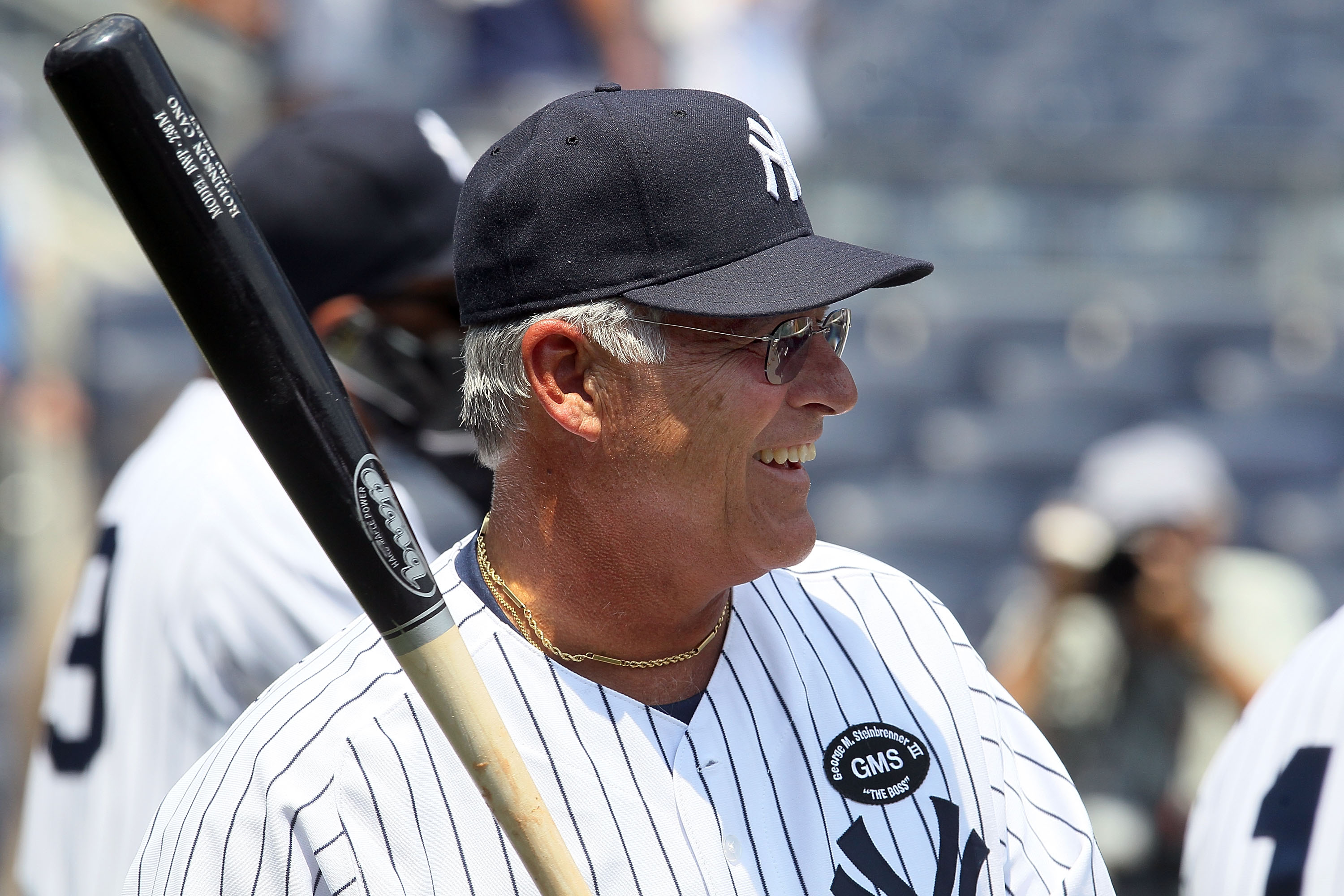 NEW YORK - JULY 17:  Former New York Yankee Bucky Dent warms up before the teams 64th Old-Timer's Day before the MLB game against the Tampa Bay Rays on July 17, 2010 at Yankee Stadium in the Bronx borough of New York City.  (Photo by Jim McIsaac/Getty Ima