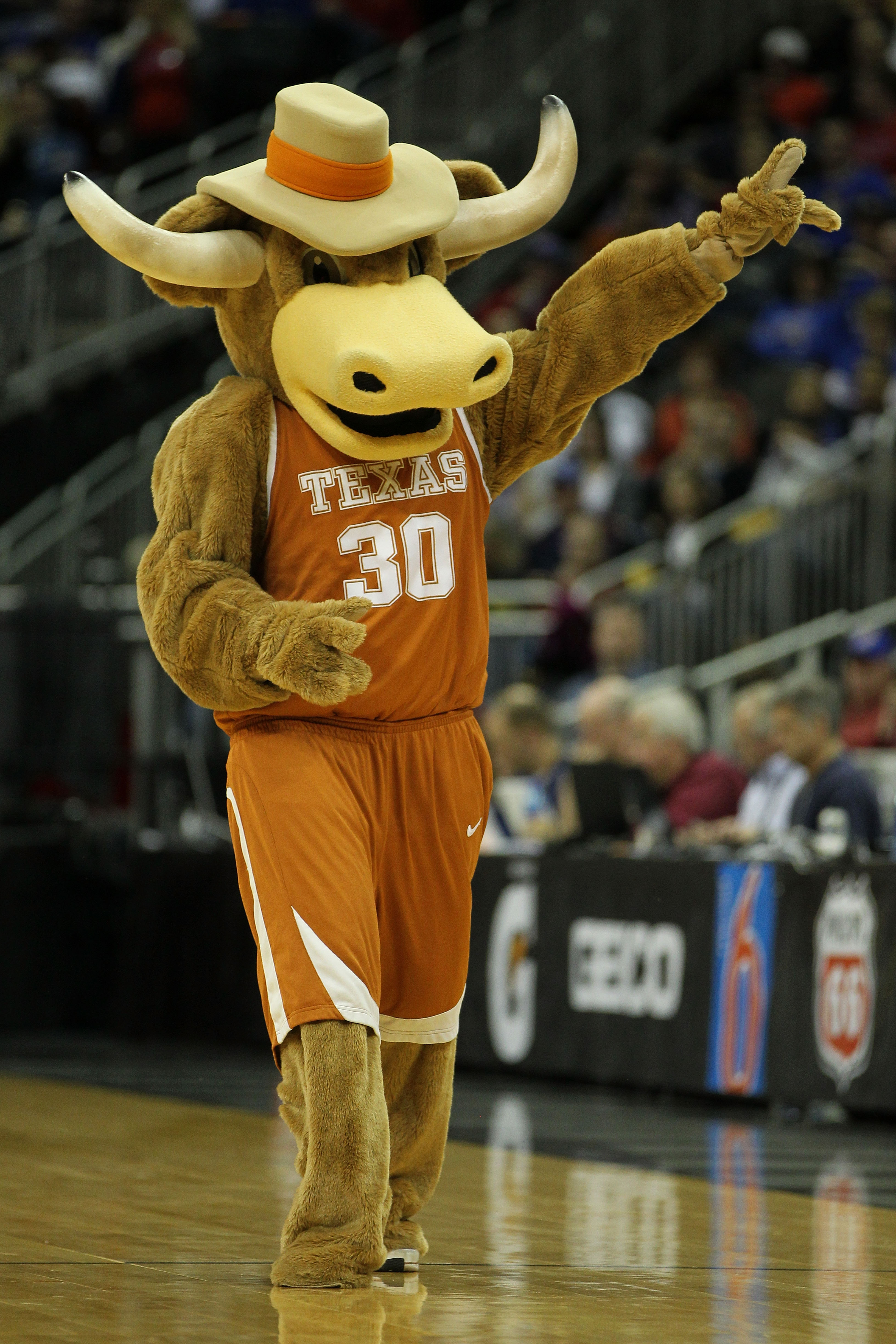 KANSAS CITY, MO - MARCH 11:  The Texas Longhorns mascot performs during their semifinal game against the Texas A&M Aggies in the 2011 Phillips 66 Big 12 Men's Basketball Tournament at Sprint Center on March 11, 2011 in Kansas City, Missouri.  (Photo by Ja