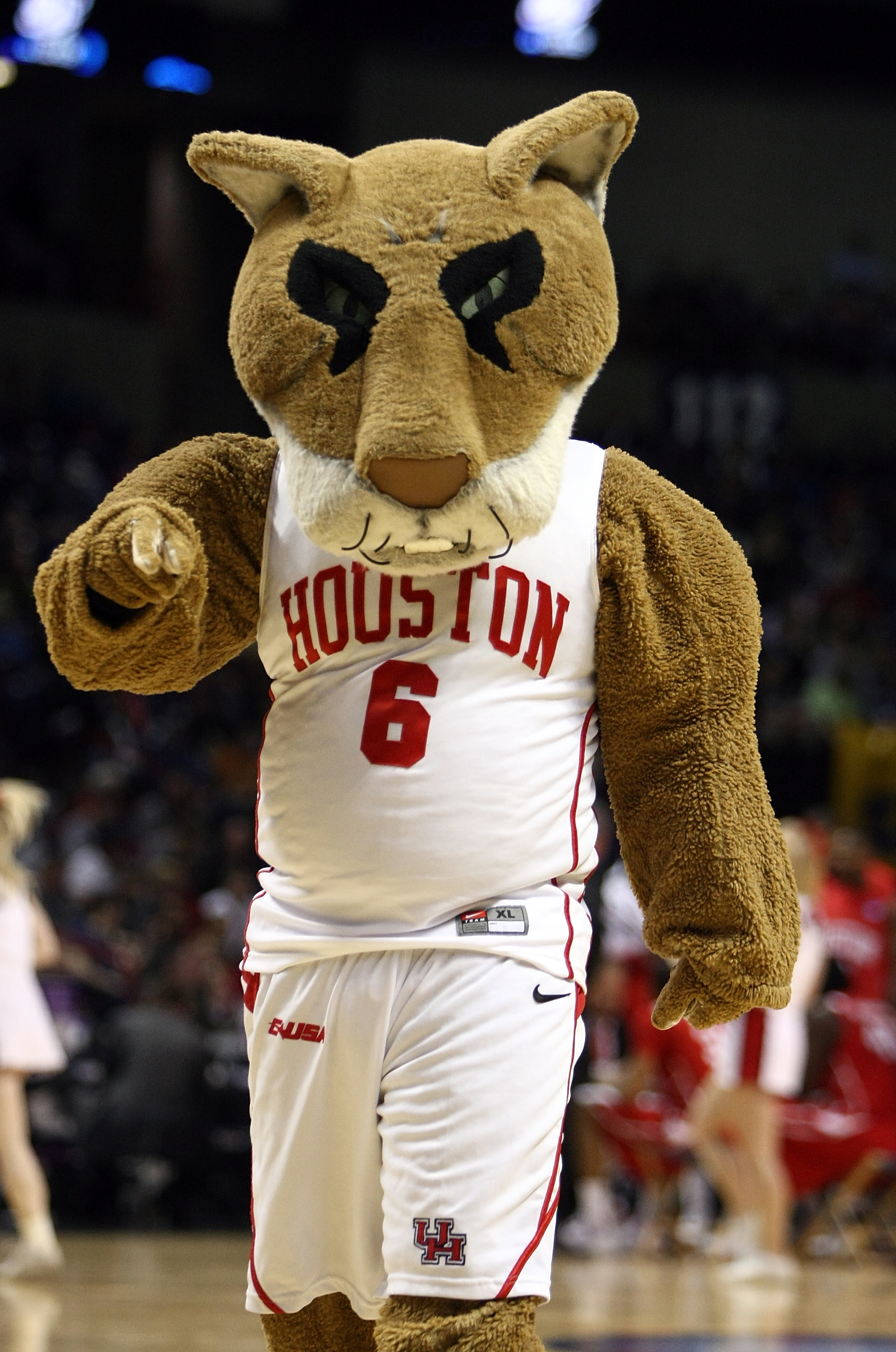 SPOKANE, WA - MARCH 19:  The Houston Cougars mascot performs during a pause in the action against the Maryland Terrapins  during the first round of the 2010 NCAA menÕs basketball tournament at Spokane Arena on March 19, 2010 in Spokane, Washington.  (Phot