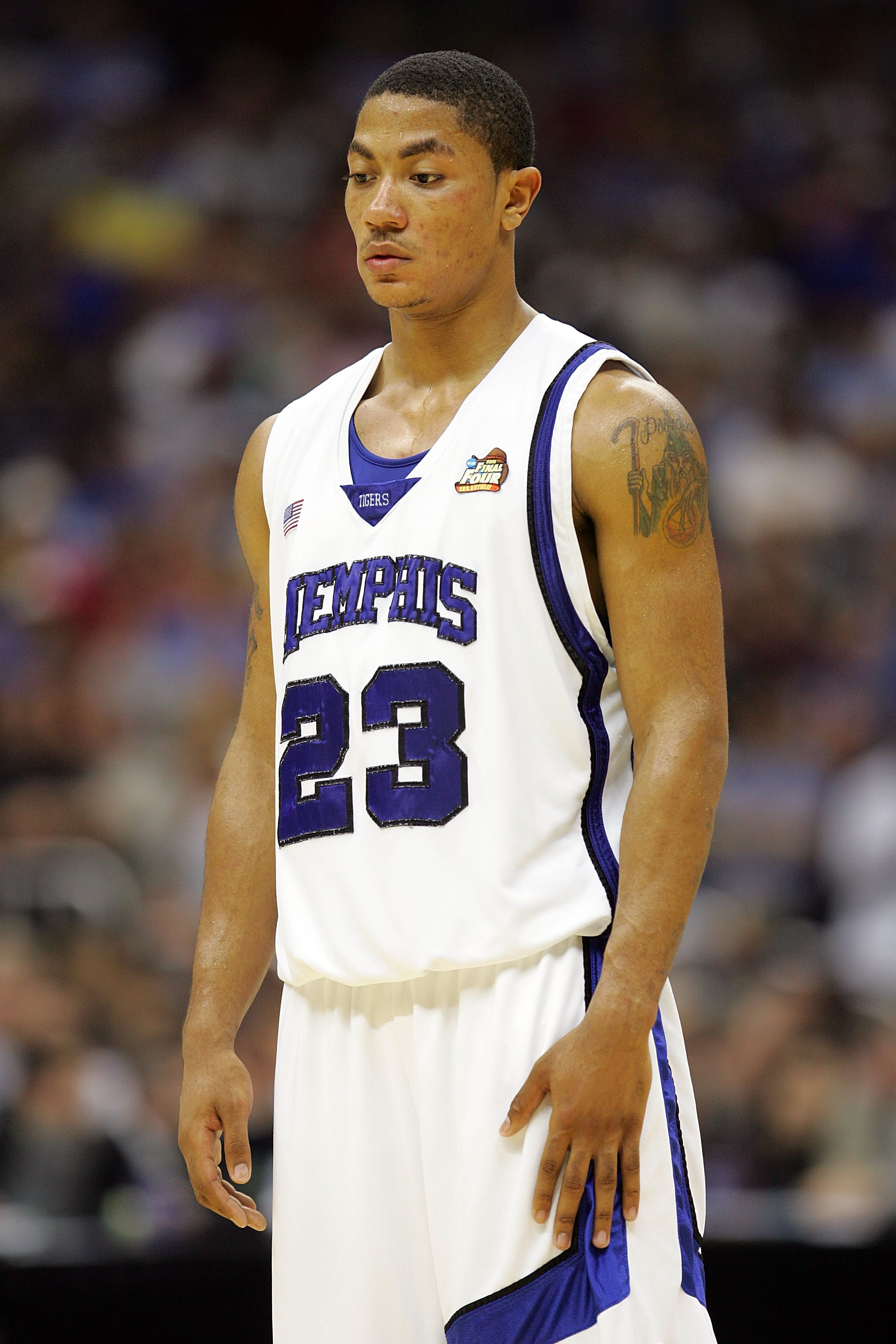 SAN ANTONIO - APRIL 07:  Derrick Rose #23 of the Memphis Tigers looks down in the final minutes of overtime against the Kansas Jayhawks during the 2008 NCAA Men's National Championship game at the Alamodome on April 7, 2008 in San Antonio, Texas.  The Jay