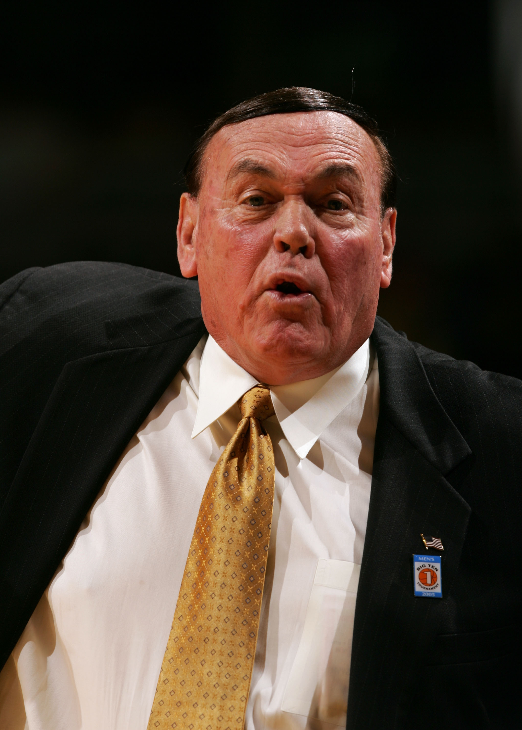 CHICAGO - MARCH 10:  Head coach Gene Keady of the Purdue Boilermakers reacts against the Iowa Hawkeyes during the first day of the Big Ten Men's Conference Basketball Tournament March 10, 2005 at the United Center in Chicago, Illinois. The game was Keady'