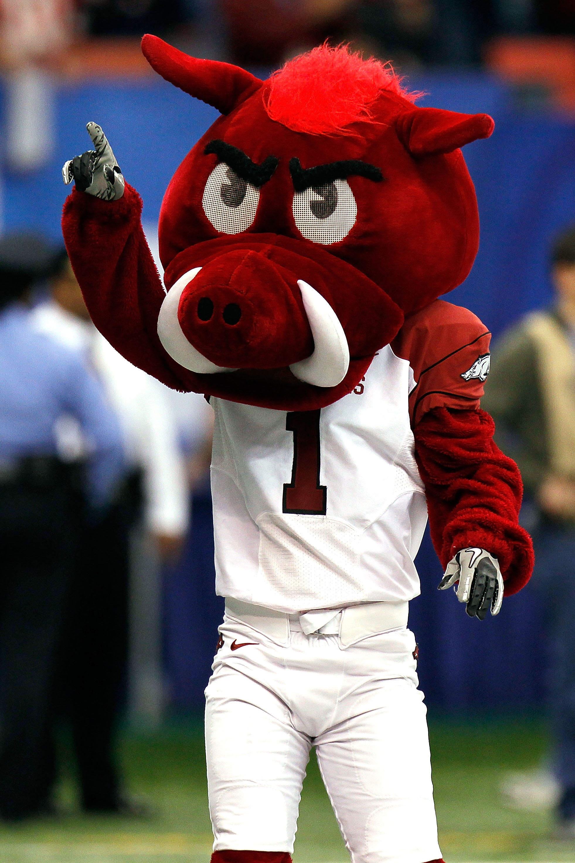 NEW ORLEANS, LA - JANUARY 04:  The Arkansas Razorbacks mascot points during the Allstate Sugar Bowl against the Ohio State Buckeyes at the Louisiana Superdome on January 4, 2011 in New Orleans, Louisiana.  (Photo by Kevin C. Cox/Getty Images)
