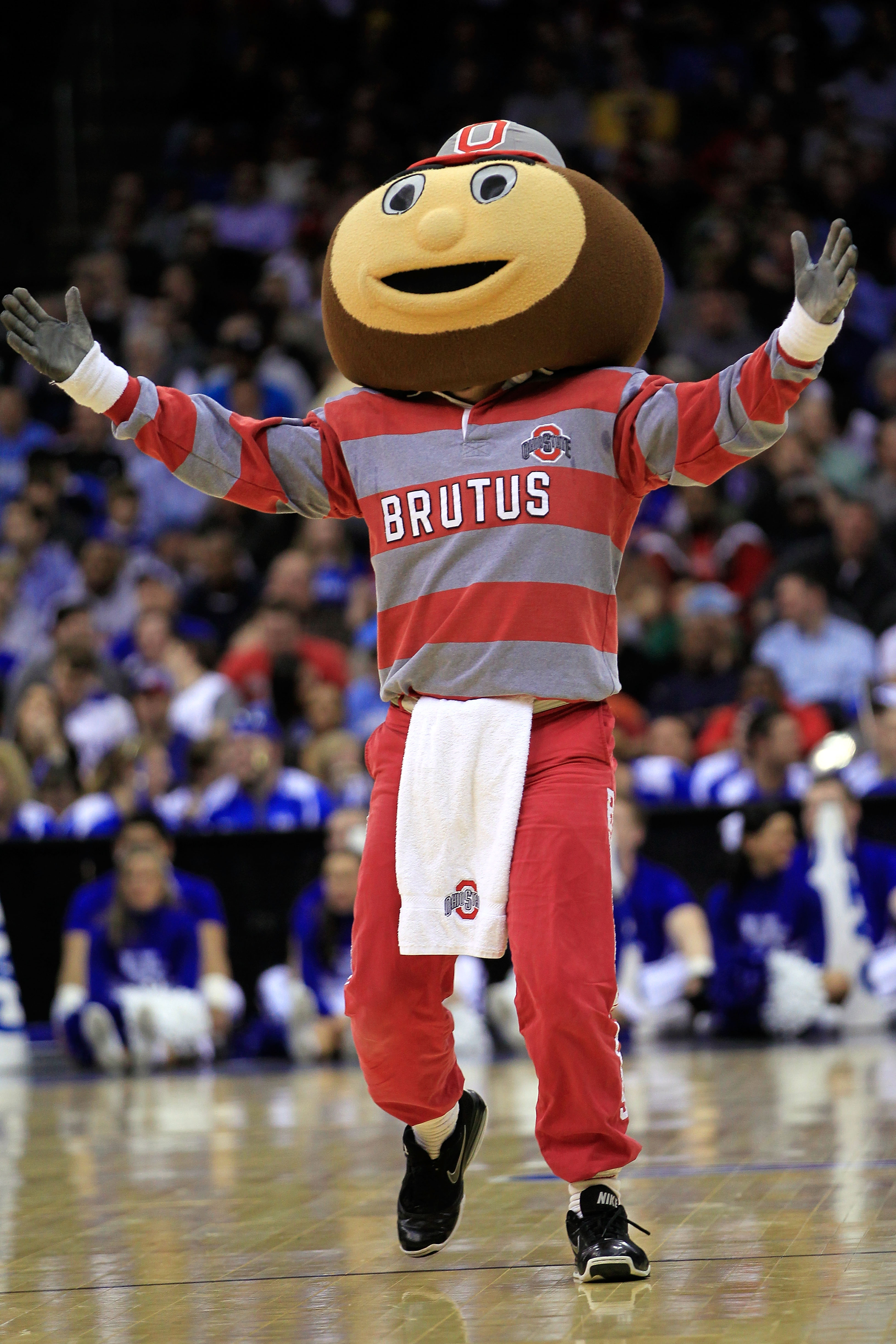 NEWARK, NJ - MARCH 25: Brutus the Ohio State Buckeyes mascot walks on the court during the game against the Kentucky Wildcats in the east regional semifinal of the 2011 NCAA Men's Basketball Tournament at the Prudential Center on March 25, 2011 in Newark,