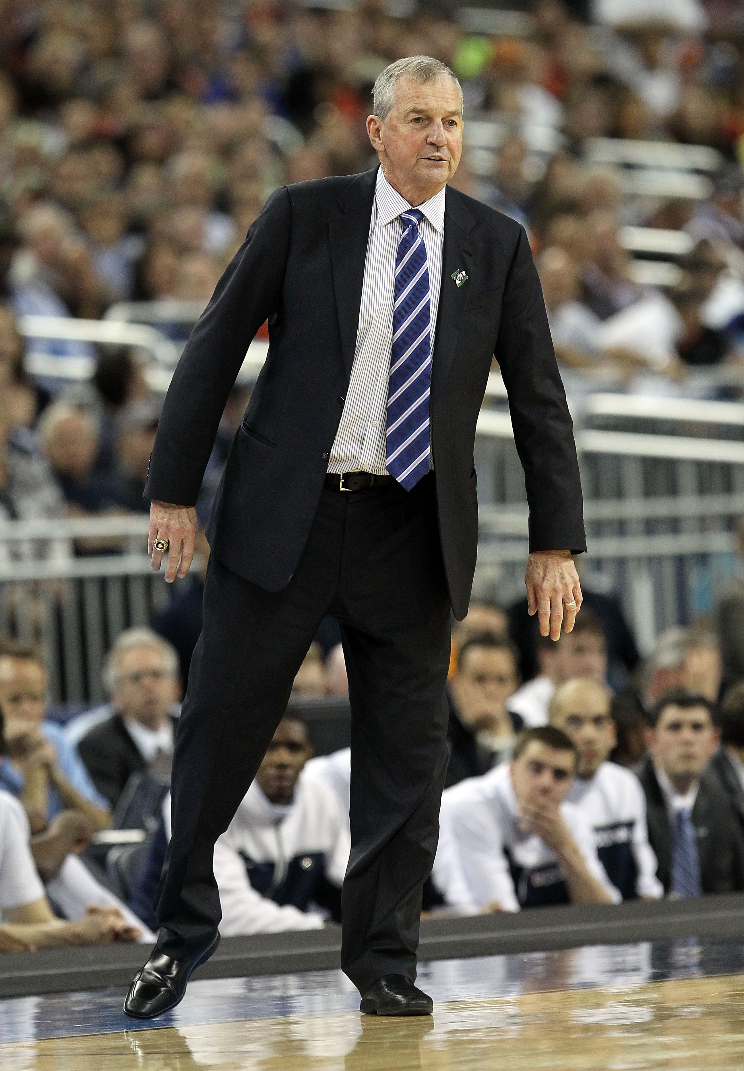 HOUSTON, TX - APRIL 04:  Head coach Jim Calhoun of the Connecticut Huskies gestures from the sidelines against the Butler Bulldogs during the National Championship Game of the 2011 NCAA Division I Men's Basketball Tournament at Reliant Stadium on April 4,