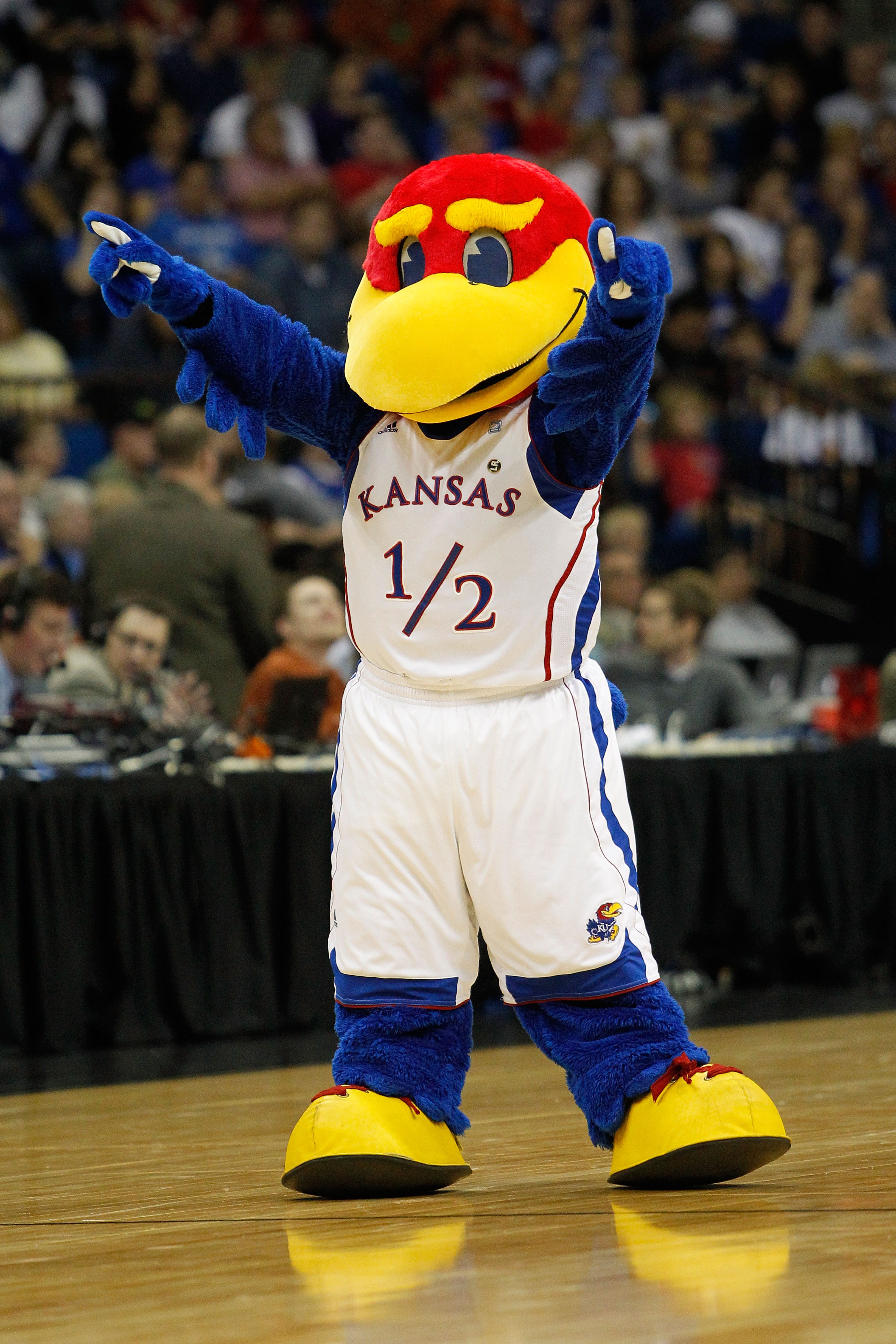 TULSA, OK - MARCH 20:  The Kansas Jayhawks mascot performs during the third round game against the Illinois Fighting Illini in the 2011 NCAA men's basketball tournament at BOK Center on March 20, 2011 in Tulsa, Oklahoma.  (Photo by Tom Pennington/Getty Im