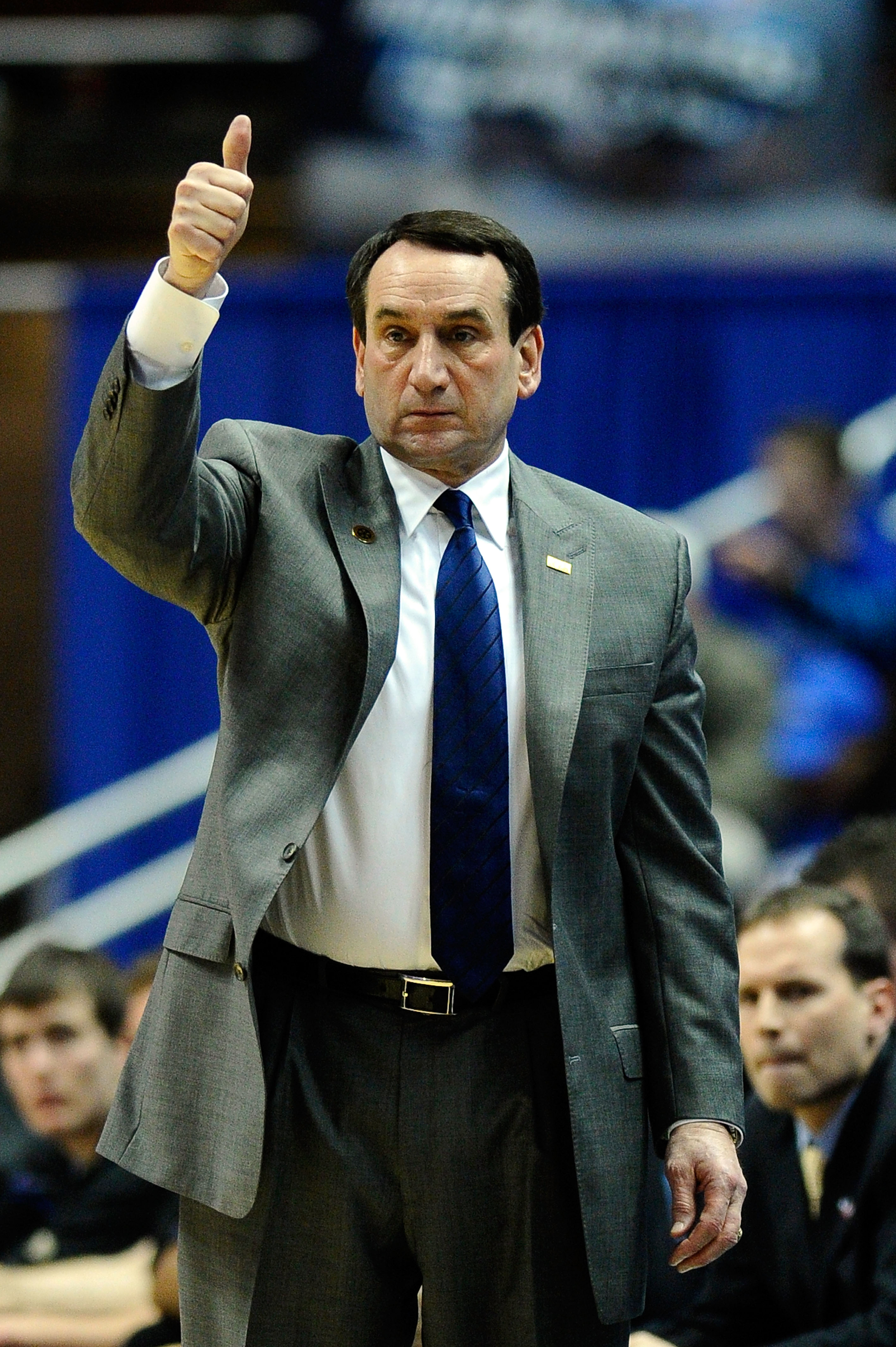 ANAHEIM, CA - MARCH 24:  Head coach Mike Krzyzewski of the Duke Blue Devils gestures from the sidelines during the west regional semifinal of the 2011 NCAA men's basketball tournament at the Honda Center on March 24, 2011 in Anaheim, California.  (Photo b