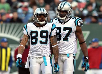 EAST RUTHERFORD, NJ - NOVEMBER 29:  Steve Smith #89 and Muhsin Muhammad #87 of the Carolina Panthers look on against the New York Jets on November 29, 2009 at Giants Stadium in East Rutherford, New Jersey. The Jets defeated the Panthers 17-6.  (Photo by J
