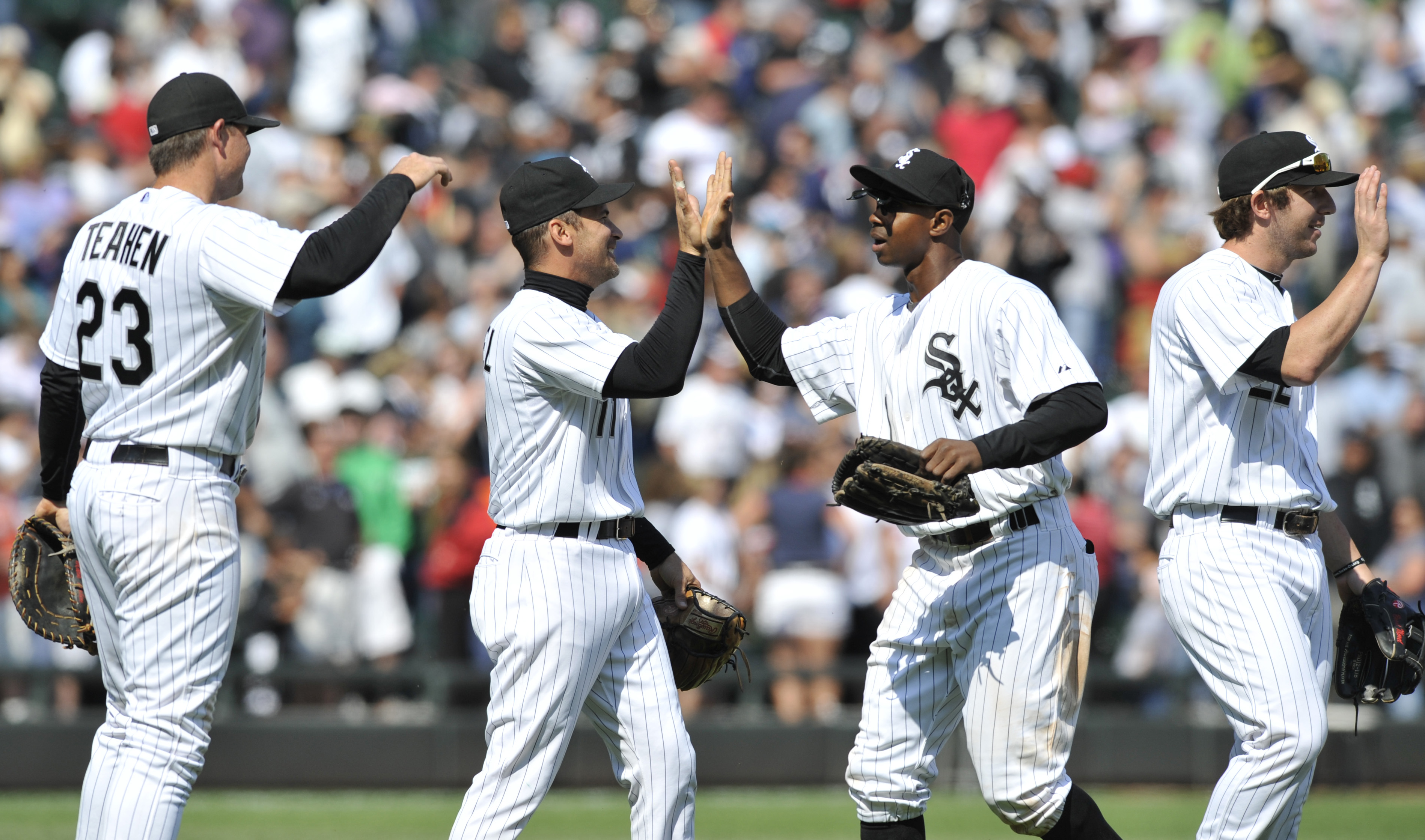 Tyler Saladino of the Chicago White Sox celebrates after getting