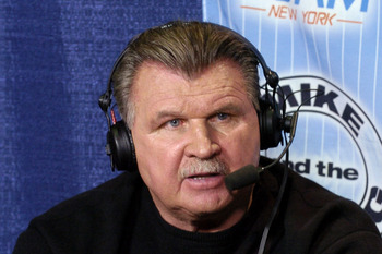 NFL Pro Football Hal of Famer Mike Ditka talks to the WFAN radio at the Jacksonville Convention Center on February 2, 2005  (Photo by Al Messerschmidt/Getty Images)