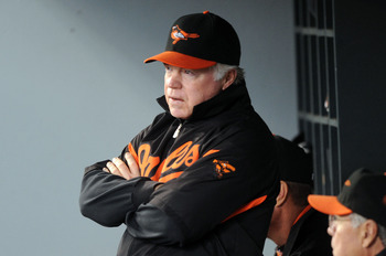 Baltimore Orioles manager Buck Showalter vigorously argues a balk call