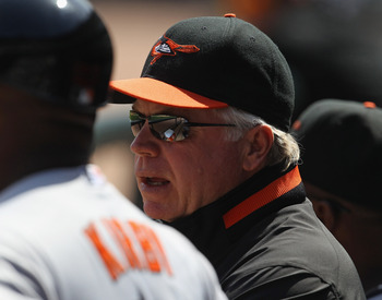 Baltimore Orioles manager Buck Showalter vigorously argues a balk