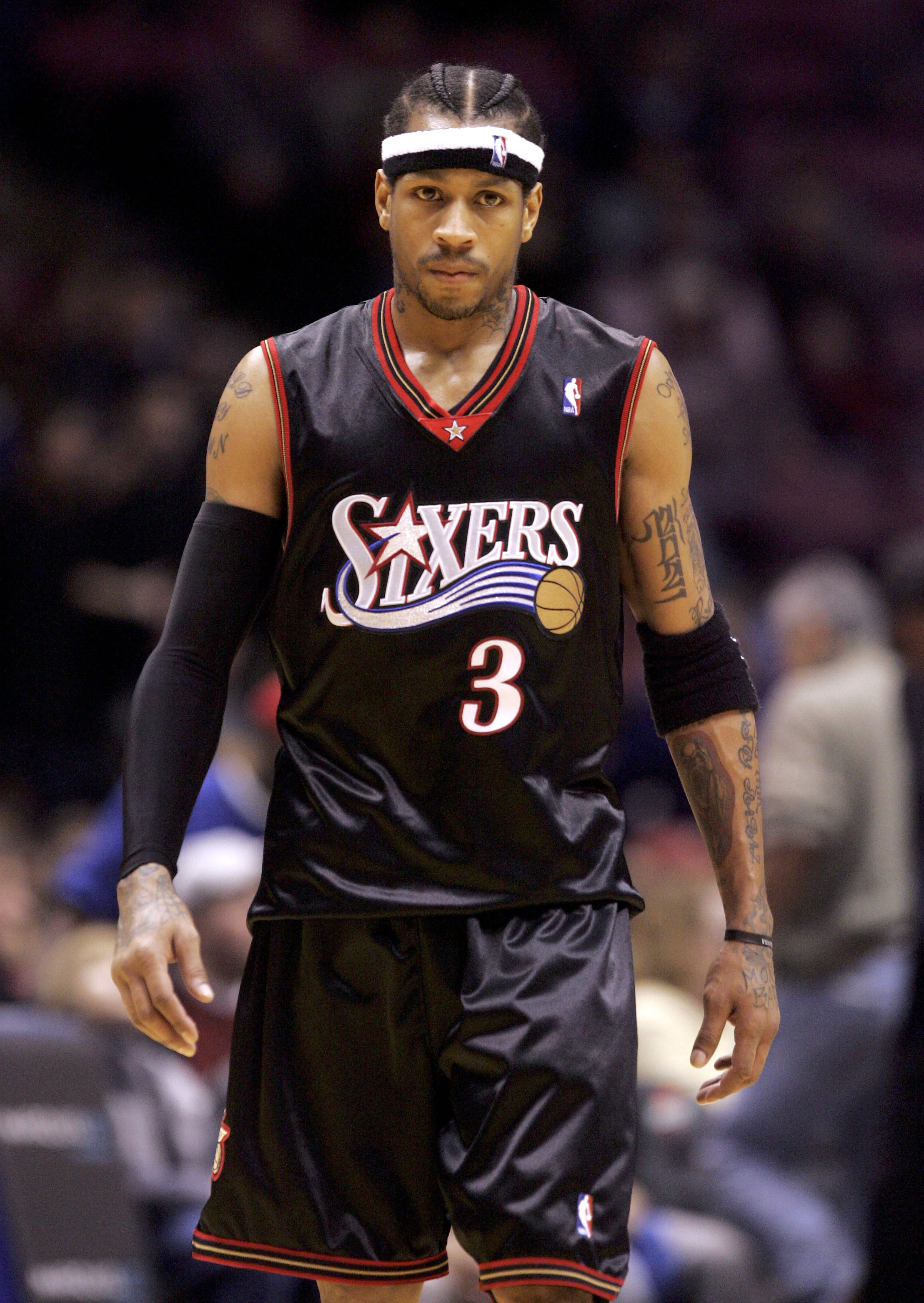 EAST RUTHERFORD, NJ - DECEMBER 10:  Allen Iverson #3 of the Philadelphia 76ers looks on against the New Jersey Nets during their game at Continental Airlines Arena on December 10, 2005 in East Rutherford, New Jersey.The Sixers defeated the Nets 107-95. NO
