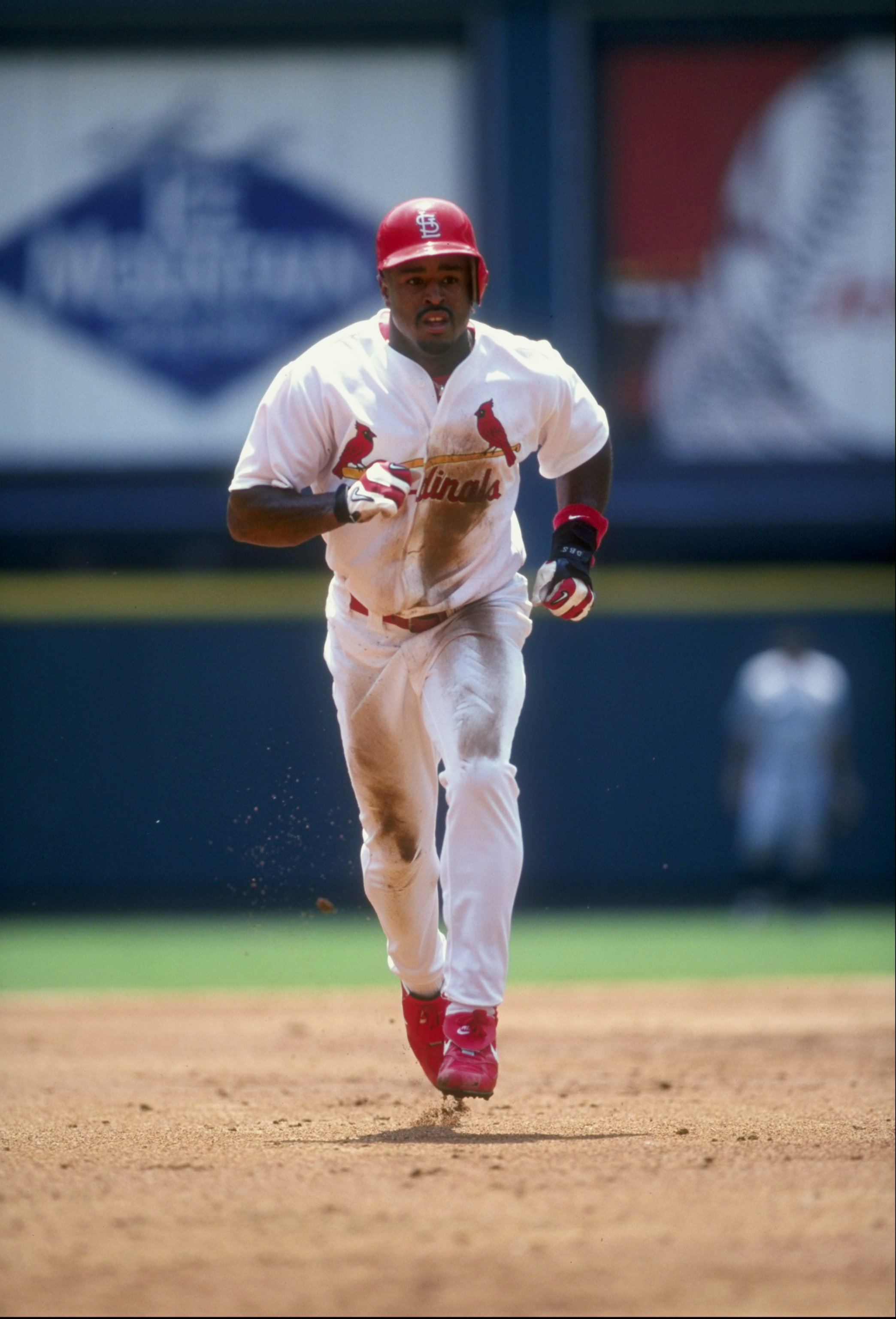 11 Jul 1998:  Brian Jordan #3 of the St. Louis Cardinals running the bases during the game against the Houston Astros at the Busch Stadium in St. Louis, Missouri. The Cardinals defeated the Astros 4-3.