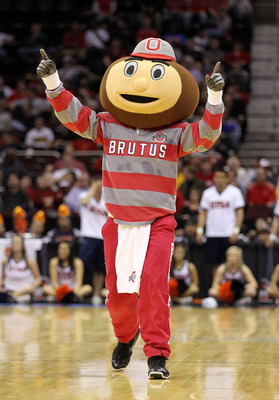 CLEVELAND, OH - MARCH 18: Brutus, the Ohio State Buckeyes mascot walks on the court during the game against the Texas-San Antonio Roadrunners during the second round of the 2011 NCAA men's basketball tournament at Quicken Loans Arena on March 18, 2011 in