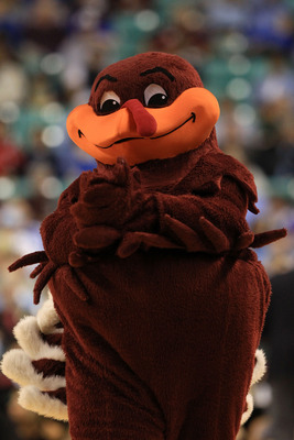GREENSBORO, NC - MARCH 11:  The HokieBird, the mascot for the Virginia Tech Hokies, performs during the first half against the Florida State Seminoles in the quarterfinals of the 2011 ACC men's basketball tournament at the Greensboro Coliseum on March 11,